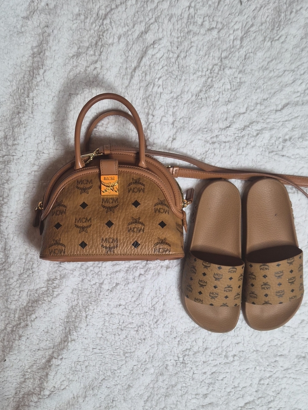 MCM Cognac Visetos Mini Dome Bag with Matching Cognac Slides
